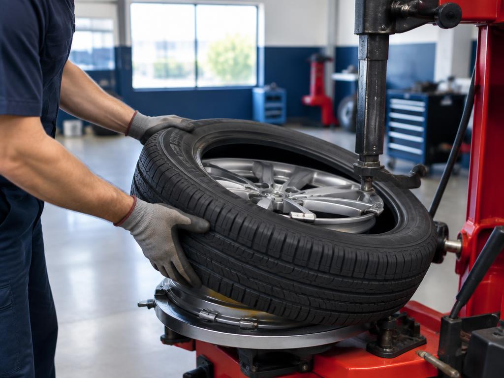 Pneumatique monté sur une jante à l’aide d’une machine en atelier