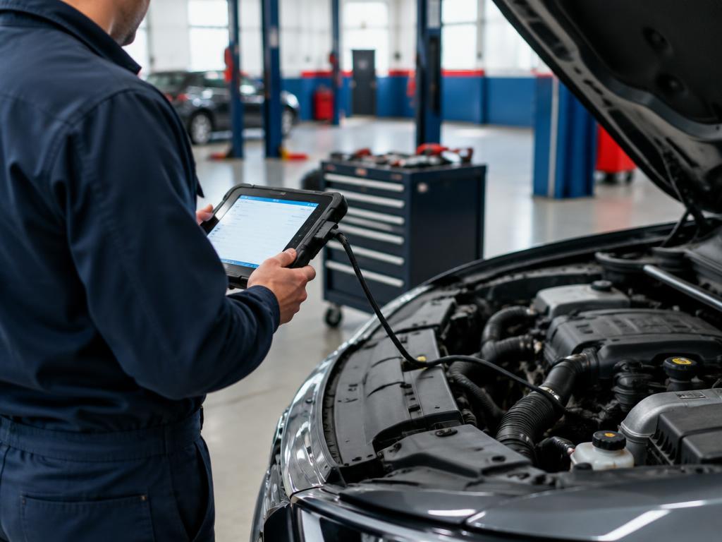 Lecteur de diagnostic branché sur le moteur d’un véhicule